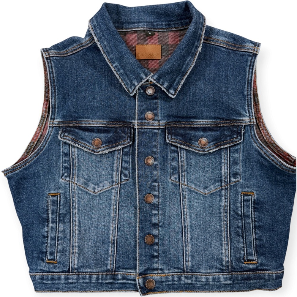 Judy Blue Into the Woods Denim Button Up Vest Women L Blue Plaid Interior